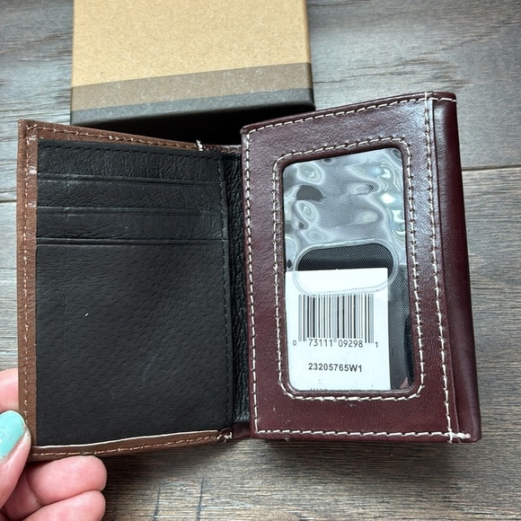 Justin Boots Genuine Leather,tooled yoke,hair hide tri-fold, RFID Western wallet - Picture 3 of 12
